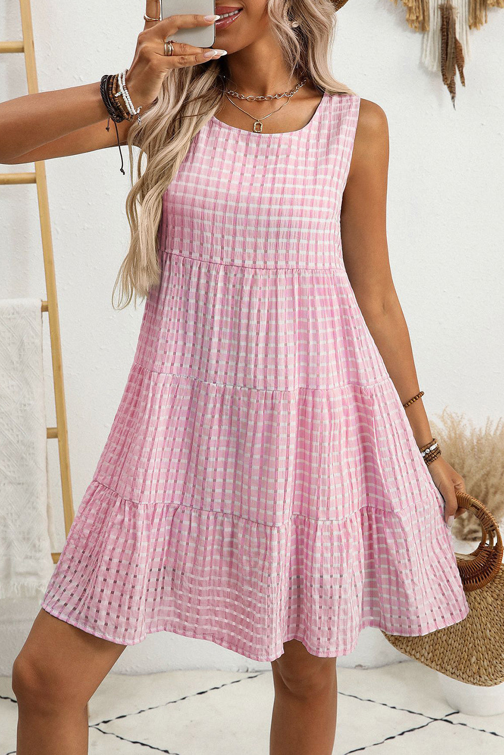 White Gingham High Waist Sleeveless Mini Dress-Short Dresses-[Adult]-[Female]-Pink-2XL-2022 Online Blue Zone Planet