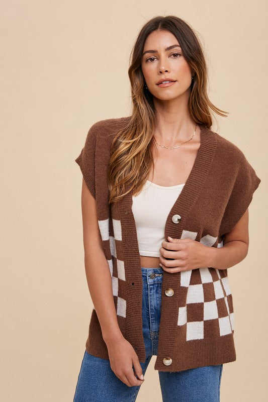 Annie Wear Checkered Button Down Short Sleeve Cardigan-TOPS / DRESSES-[Adult]-[Female]-Dark Brown-S-2022 Online Blue Zone Planet