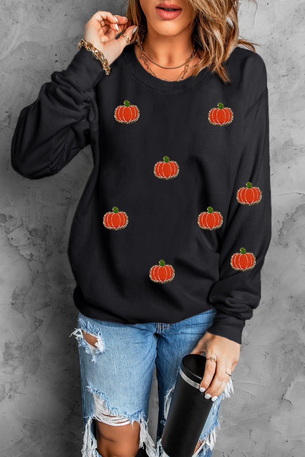 Pumpkin Round Neck Long Sleeve Sweatshirt-TOPS / DRESSES-[Adult]-[Female]-2022 Online Blue Zone Planet