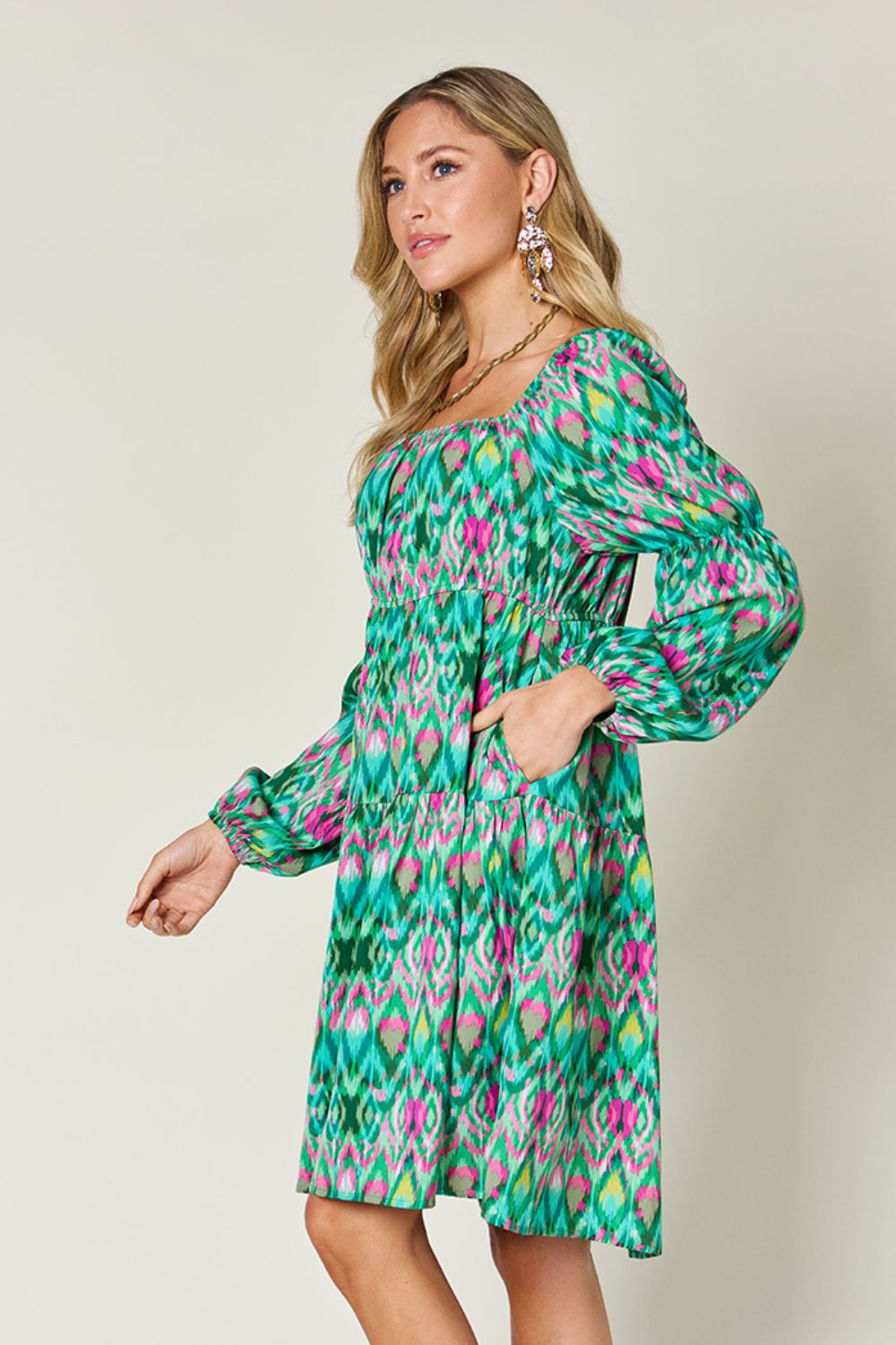 Double Take Full Size Printed Long Sleeve Dress-TOPS / DRESSES-[Adult]-[Female]-2022 Online Blue Zone Planet