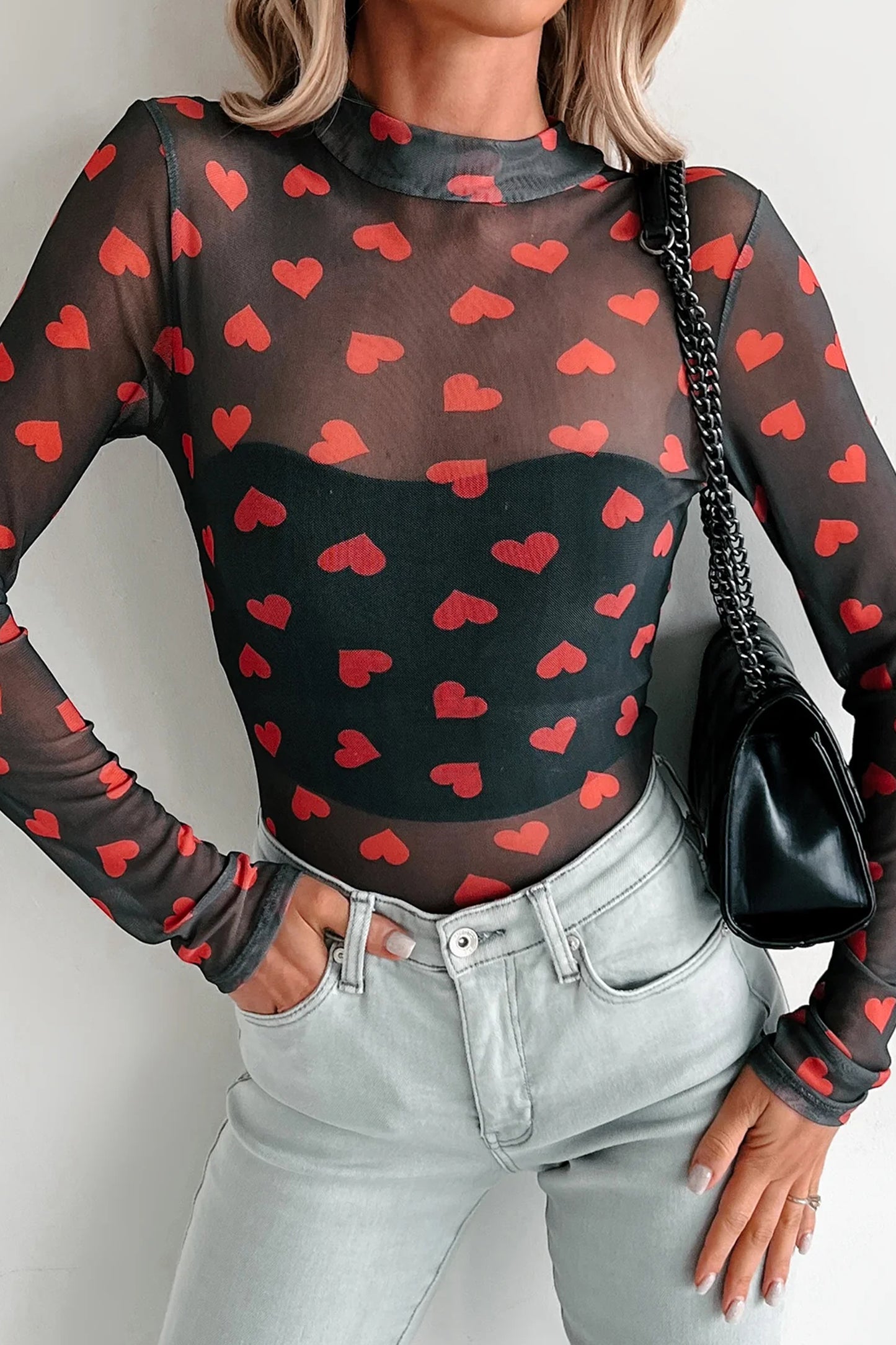 Black Valentines Heart Printed Sheer Mesh Long Sleeve Top