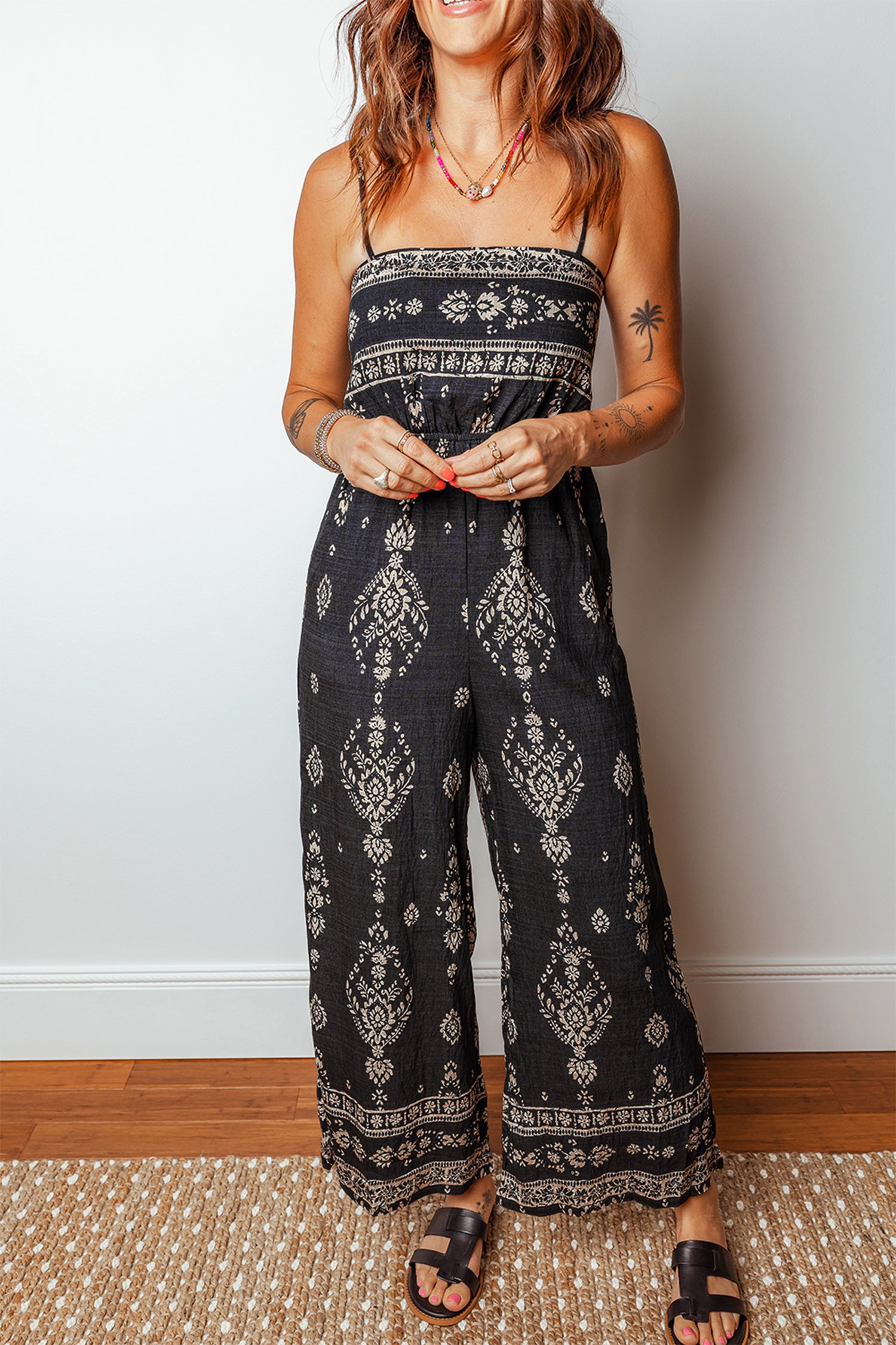 Black Spaghetti Straps Elastic Waist Loose Ethnic Print Jumpsuit-Bottoms/Jumpsuits & Rompers-[Adult]-[Female]-2022 Online Blue Zone Planet