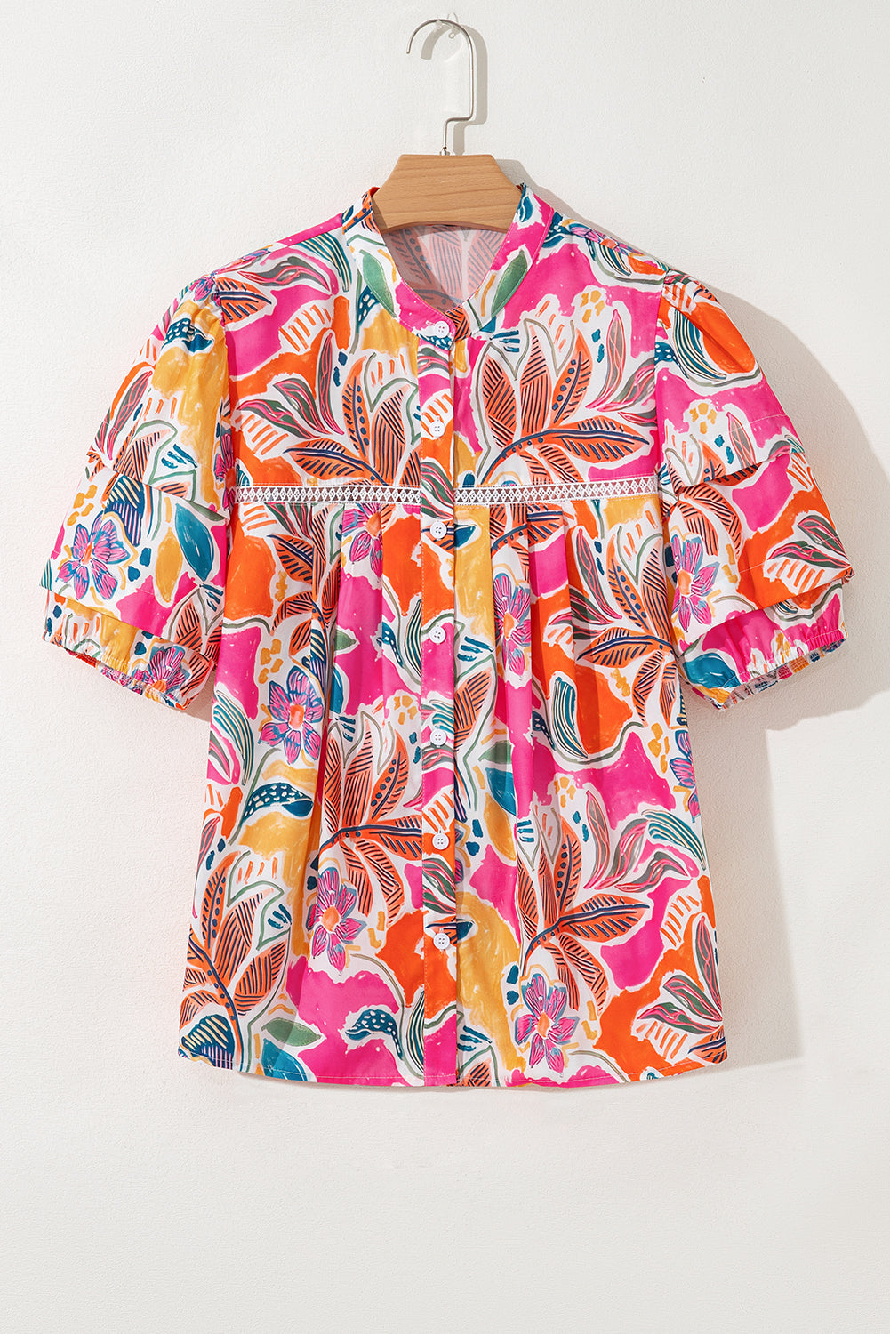 Rose Tropical Vacation Vibe Printed Button Up Short Sleeve Shirt-Tops/Blouses & Shirts-[Adult]-[Female]-2022 Online Blue Zone Planet