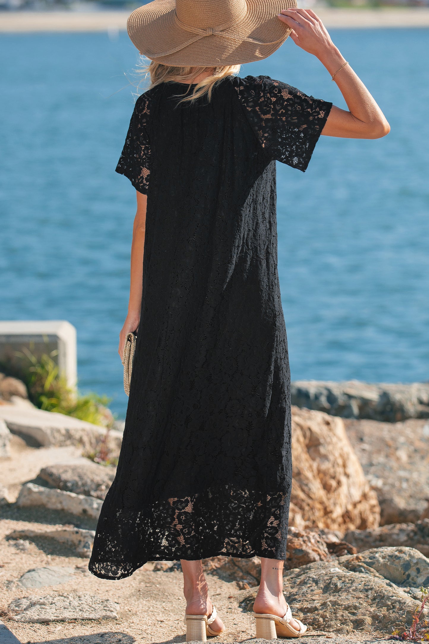 Black Floral Lace Overlay Tassel Tie Short Sleeve Beach Vacation Loose Maxi Dress Black / S / 80%Cotton+20%Polyamide