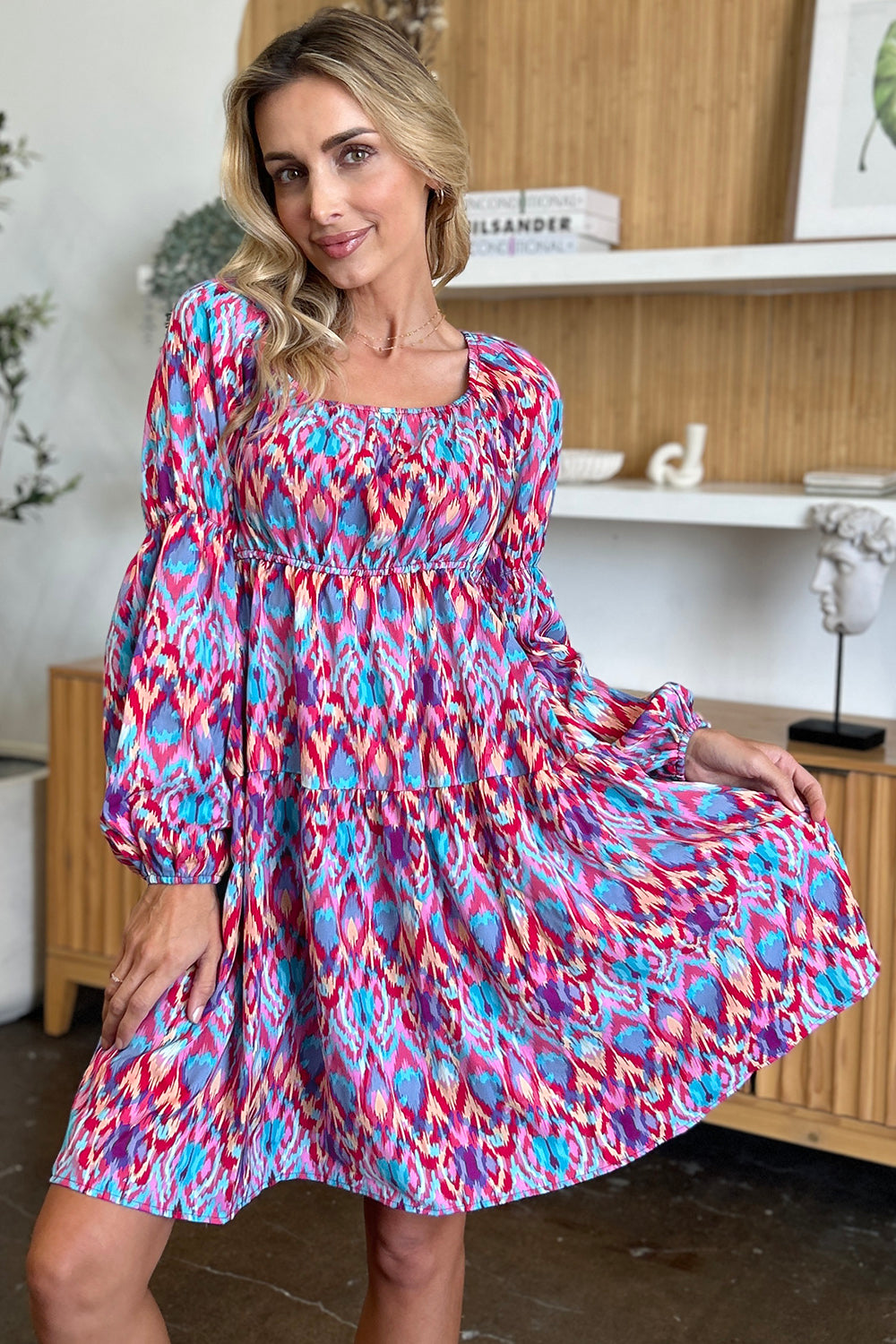 Double Take Full Size Printed Long Sleeve Dress-TOPS / DRESSES-[Adult]-[Female]-2022 Online Blue Zone Planet