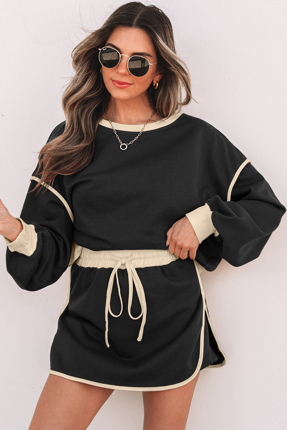 Blue Zone Planet | Black Color Contrast Loose Pullover And Lace-Up Waist Skort Set-Two Piece Sets/Two Piece Dresses-[Adult]-[Female]-2022 Online Blue Zone Planet
