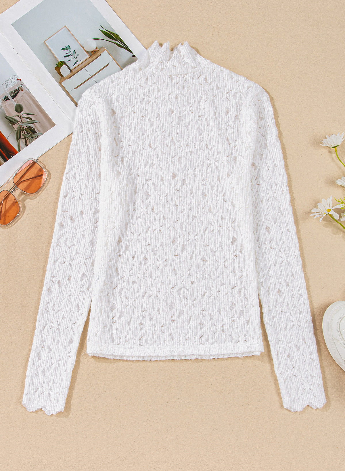 Flower Lace Mock Neck Long Sleeve Top-TOPS / DRESSES-[Adult]-[Female]-2022 Online Blue Zone Planet