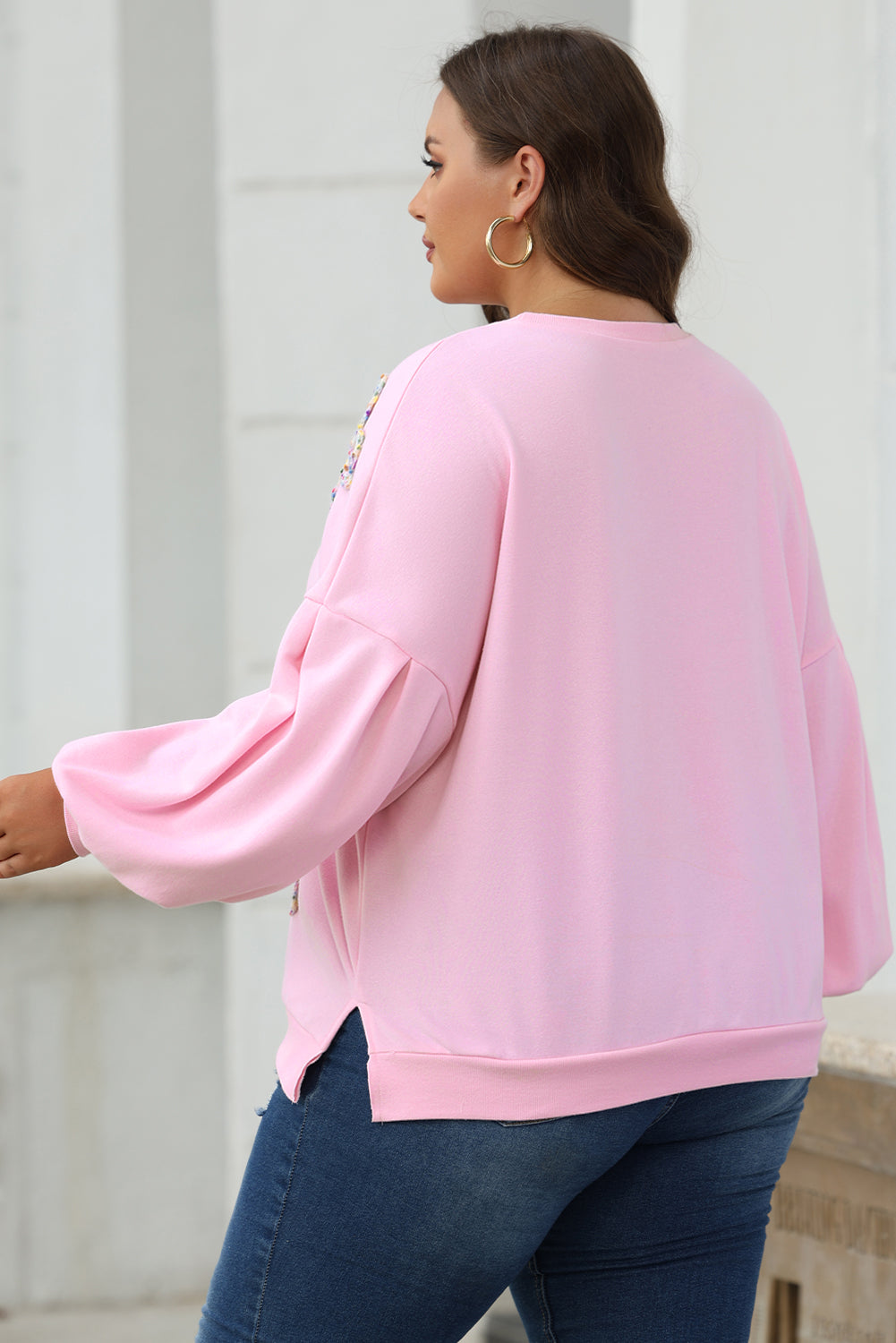 Blue Zone Planet | Light Pink Embroidered Bow Lantern Sleeve Oversized Pullover Sweatshirt-Tops/Sweatshirts & Hoodies-[Adult]-[Female]-2022 Online Blue Zone Planet