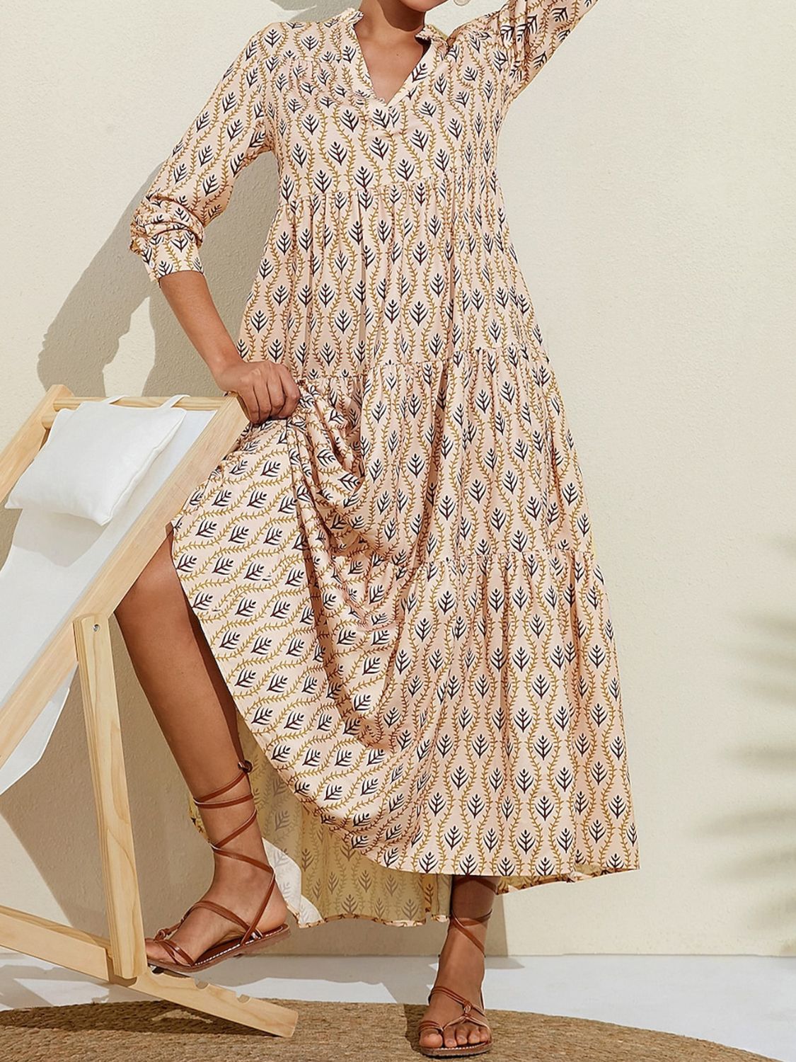 Printed Notched Long Sleeve Midi Dress-TOPS / DRESSES-[Adult]-[Female]-2022 Online Blue Zone Planet