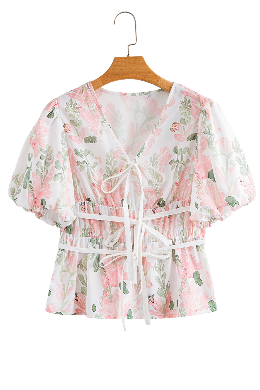 Pink Floral Puff Sleeve V Neck Tied Front Peplum Blouse-Tops/Blouses & Shirts-[Adult]-[Female]-2022 Online Blue Zone Planet