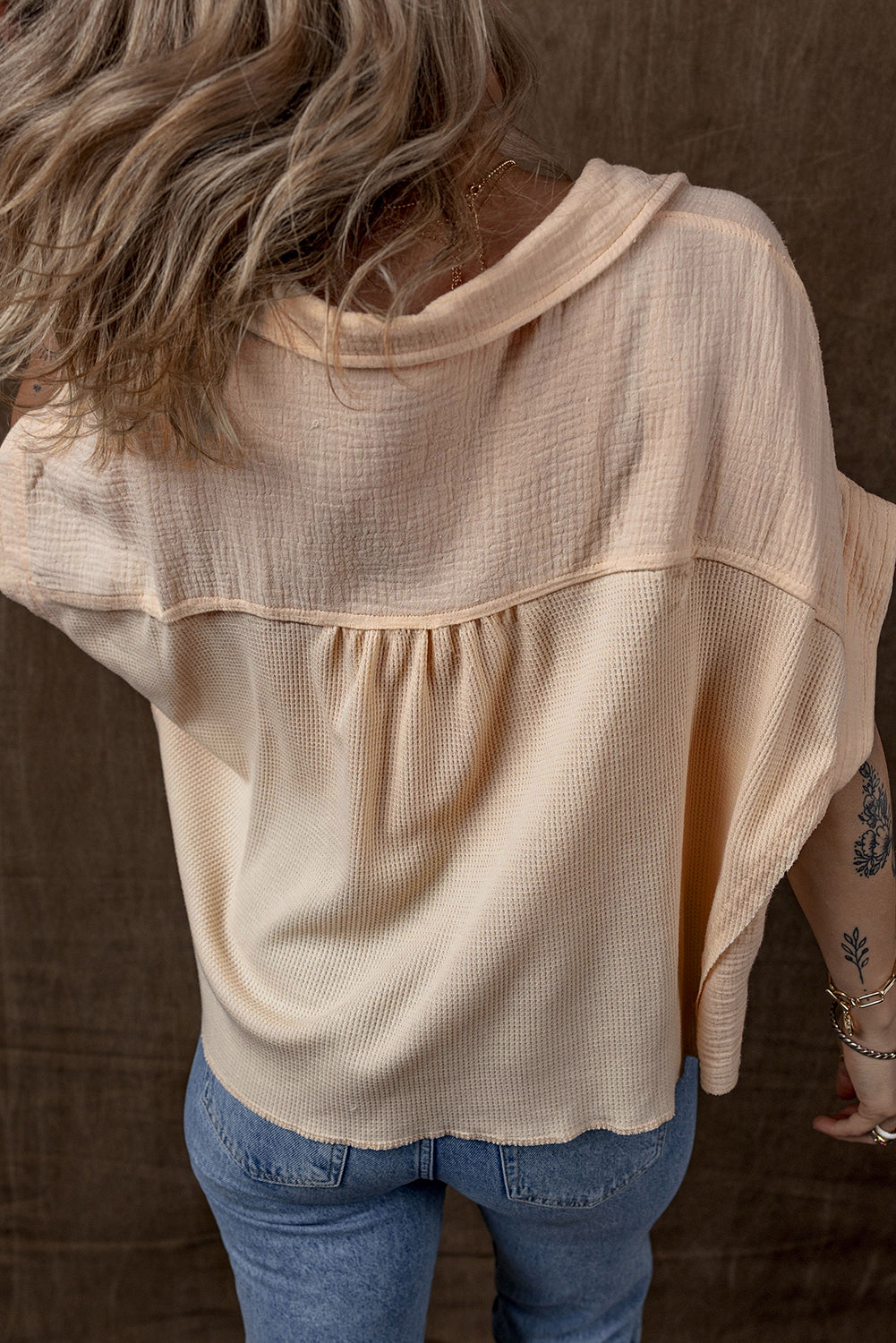 Beige Waffle Splicing Short Batwing Sleeve Flap Detail Shirt-Tops/Blouses & Shirts-[Adult]-[Female]-2022 Online Blue Zone Planet