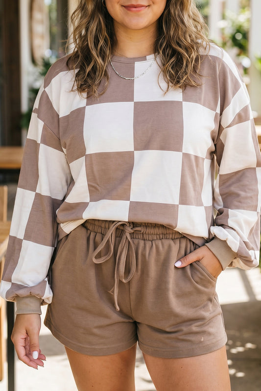 Khaki Checkered Contrast Long Sleeve Top Solid Shorts Plus Size 2pcs Set-Plus Size/Plus Size Loungewear-[Adult]-[Female]-Khaki-1X-2022 Online Blue Zone Planet