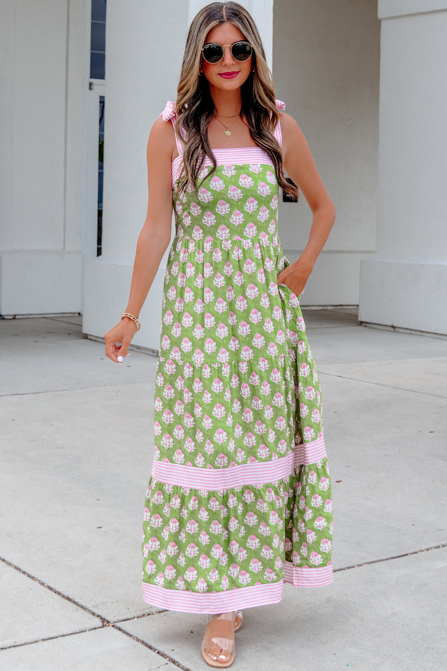Green Floral Print Striped Detail Knot Straps Maxi Dress-TOPS / DRESSES-[Adult]-[Female]-2022 Online Blue Zone Planet