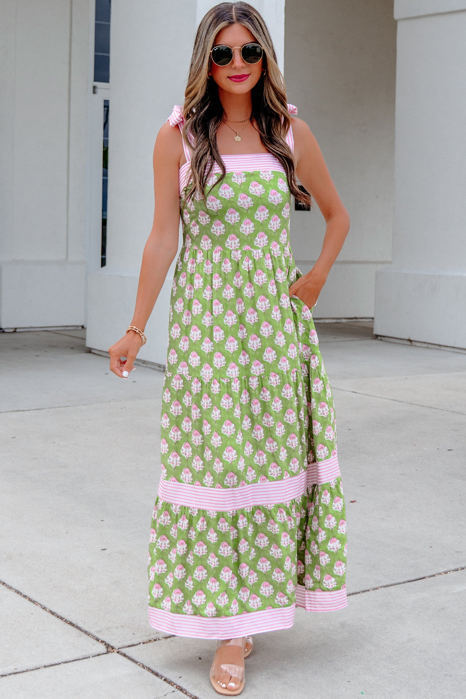 Green Floral Print Striped Detail Knot Straps Maxi Dress-TOPS / DRESSES-[Adult]-[Female]-2022 Online Blue Zone Planet