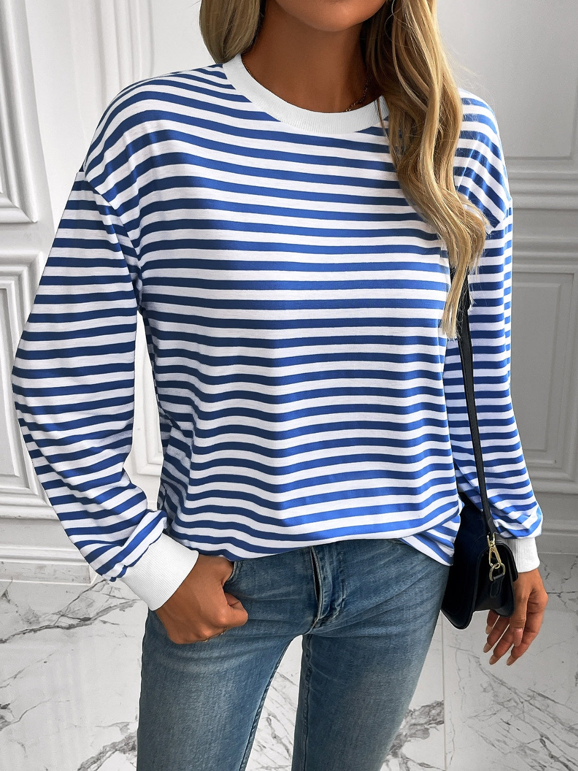 Ivy Lane Striped Round Neck Long Sleeve Sweatshirt-TOPS / DRESSES-[Adult]-[Female]-Royal Blue-S-2022 Online Blue Zone Planet