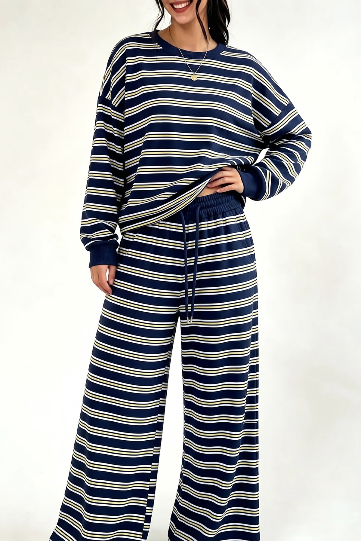 Brown Stripe Back Cutout Long Sleeve Top and Wide Leg Pants 2pcs Set-Two Piece Sets/Pant Sets-[Adult]-[Female]-2022 Online Blue Zone Planet