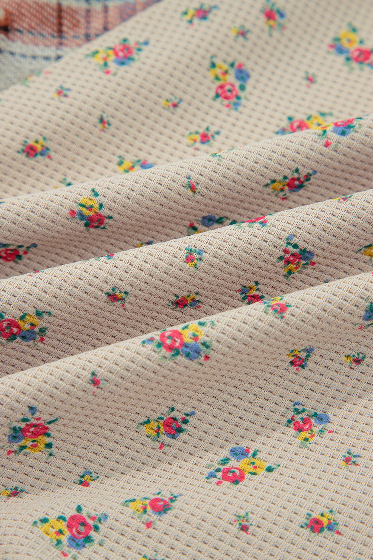 Ashleigh Blue Boho Floral Plaid Patchwork Distressed Detail Ruffled Sleeve Waffle Knit Shacket-Outerwear/Plaid Shackets-[Adult]-[Female]-2022 Online Blue Zone Planet