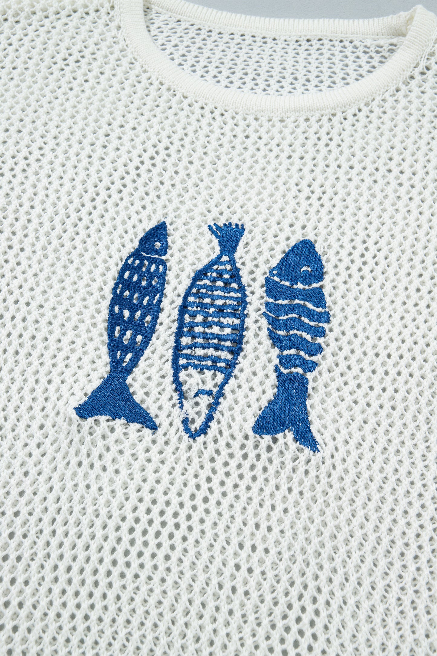 White Open Knit Fish Embroidered Casual Sweater-TOPS / DRESSES-[Adult]-[Female]-2022 Online Blue Zone Planet