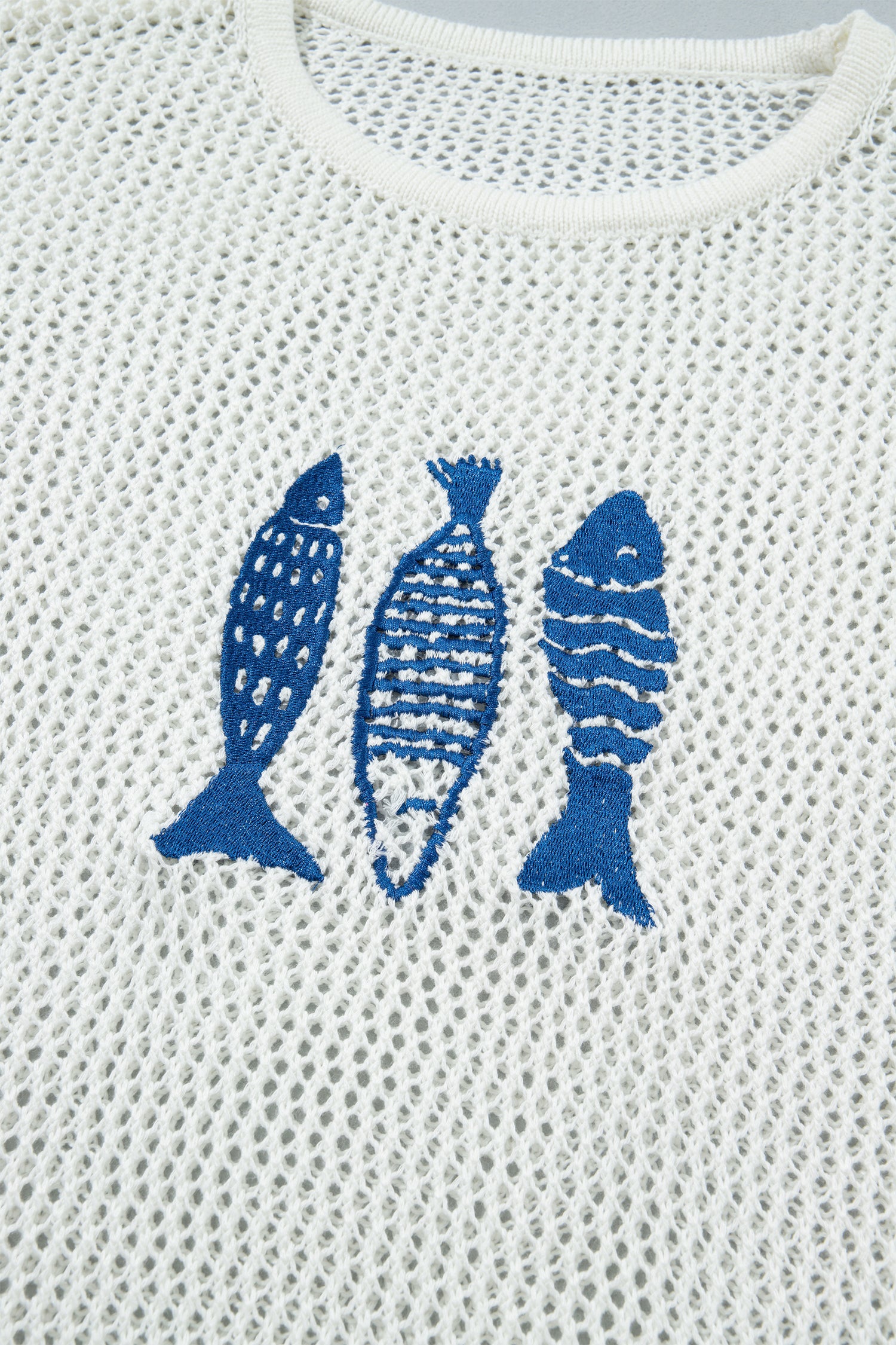 White Open Knit Fish Embroidered Casual Sweater-TOPS / DRESSES-[Adult]-[Female]-2022 Online Blue Zone Planet