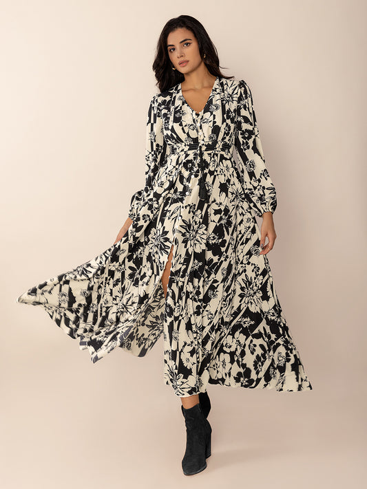 Tied Printed V-Neck Long Sleeve Midi Dress-TOPS / DRESSES-[Adult]-[Female]-2022 Online Blue Zone Planet