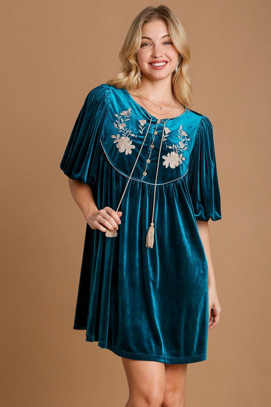 Umgee Embroidered Half Sleeve Velvet Mini Dress with Tassel-TOPS / DRESSES-[Adult]-[Female]-Deep Teal-S-2022 Online Blue Zone Planet