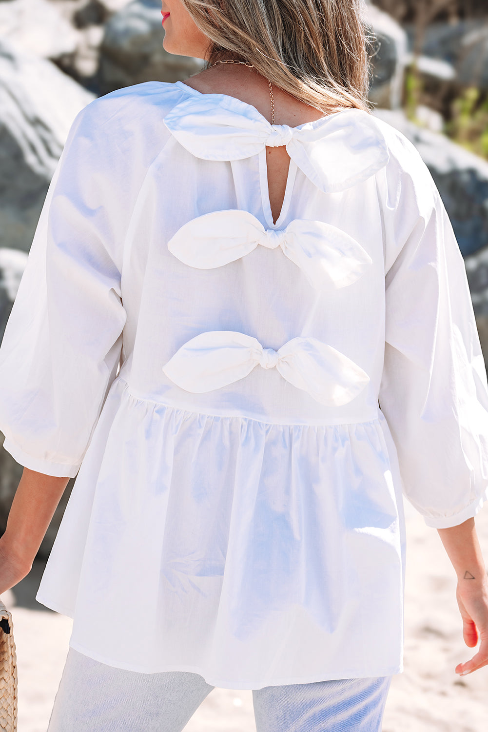 White Bow Knot Cutout Back Loose Fit 3/4 Sleeve Blouse-Tops/Blouses & Shirts-[Adult]-[Female]-2022 Online Blue Zone Planet