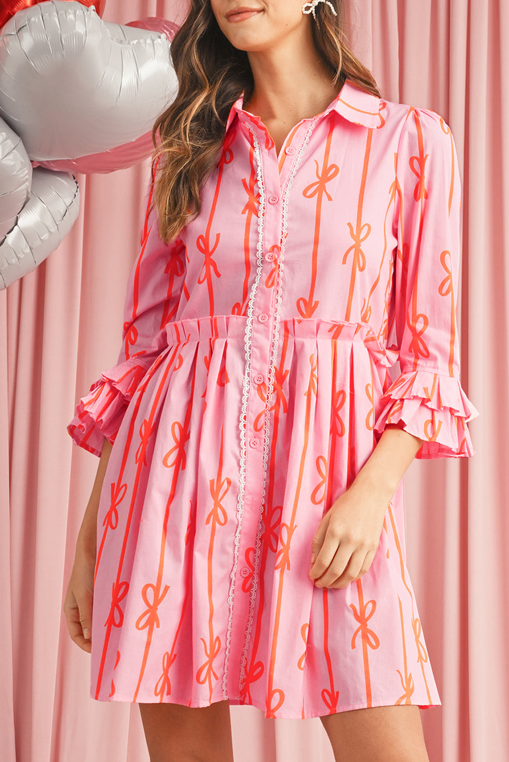 Blue Zone Planet | Pink Bowknot Striped Ruffle Mini Shirt Dress-TOPS / DRESSES-[Adult]-[Female]-2022 Online Blue Zone Planet