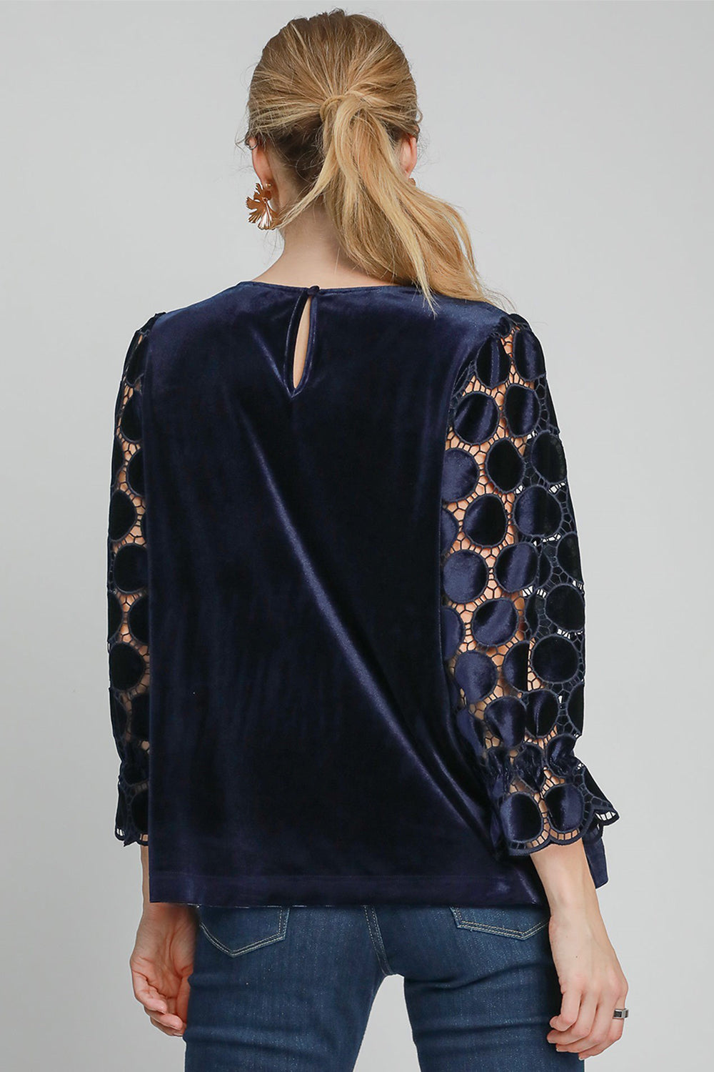 Umgee Polka Dot Lace Long Sleeve Round Neck Blouse-TOPS / DRESSES-[Adult]-[Female]-2022 Online Blue Zone Planet