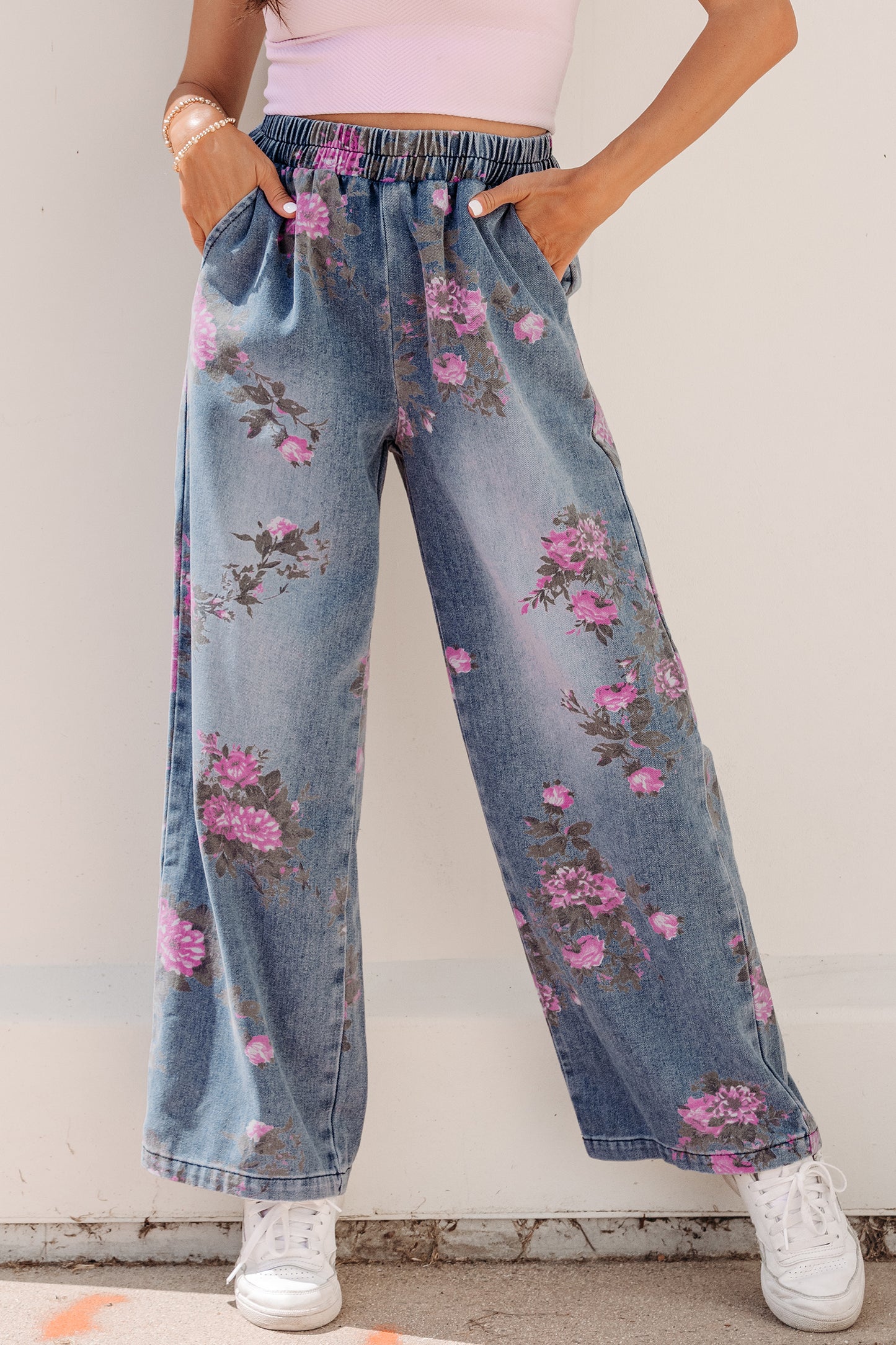 Beau Blue Floral Print Elastic Waist Pull On Casual Jeans-Bottoms/Jeans-[Adult]-[Female]-2022 Online Blue Zone Planet
