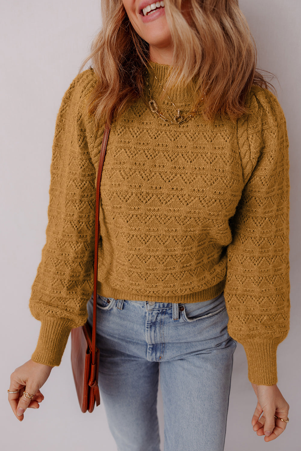 Jurassic Gold Hollow Out Crochet Ribbed Edge Balloon Sleeve Sweater-TOPS / DRESSES-[Adult]-[Female]-2022 Online Blue Zone Planet