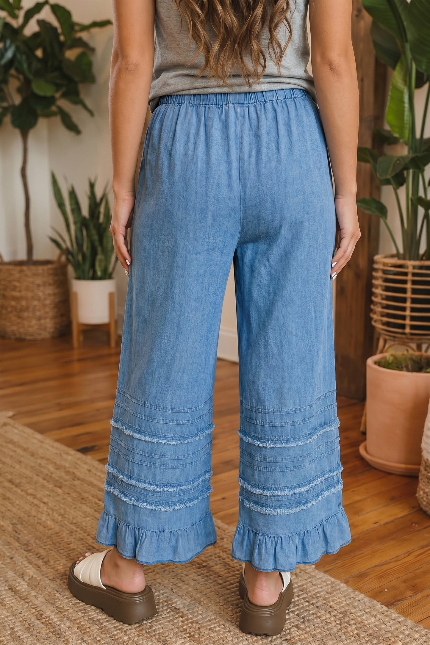 Dusk Blue Ruffled Hem Wide Leg Chambray Pants-Bottoms/Pants & Culotte-[Adult]-[Female]-2022 Online Blue Zone Planet