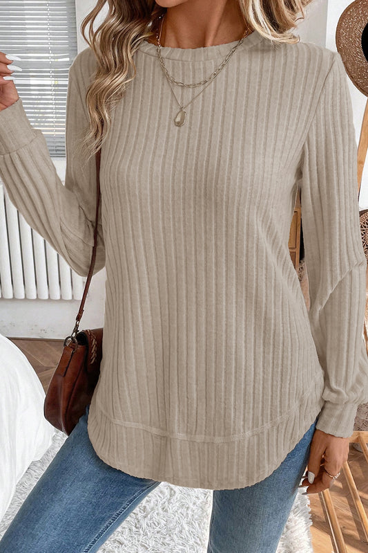 Jet Stream Ribbed Texture Round Neck Long Sleeve Rounded Hem Knit Top-Tops/Long Sleeve Tops-[Adult]-[Female]-Jet Stream-S-2022 Online Blue Zone Planet