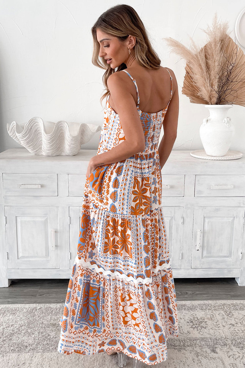 Orange Multi Printed Ricrac Trim Spaghetti Straps Maxi Dress-TOPS / DRESSES-[Adult]-[Female]-2022 Online Blue Zone Planet
