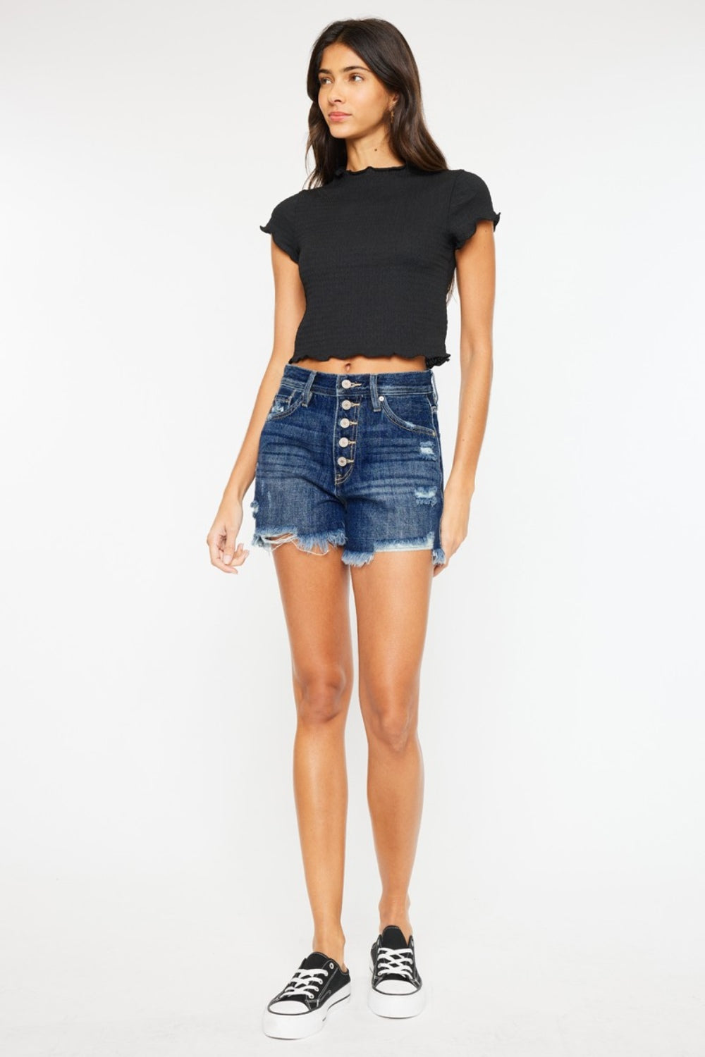 Kancan Raw Hem Button-Fly Denim Shorts-BOTTOMS SIZES SMALL MEDIUM LARGE-[Adult]-[Female]-2022 Online Blue Zone Planet