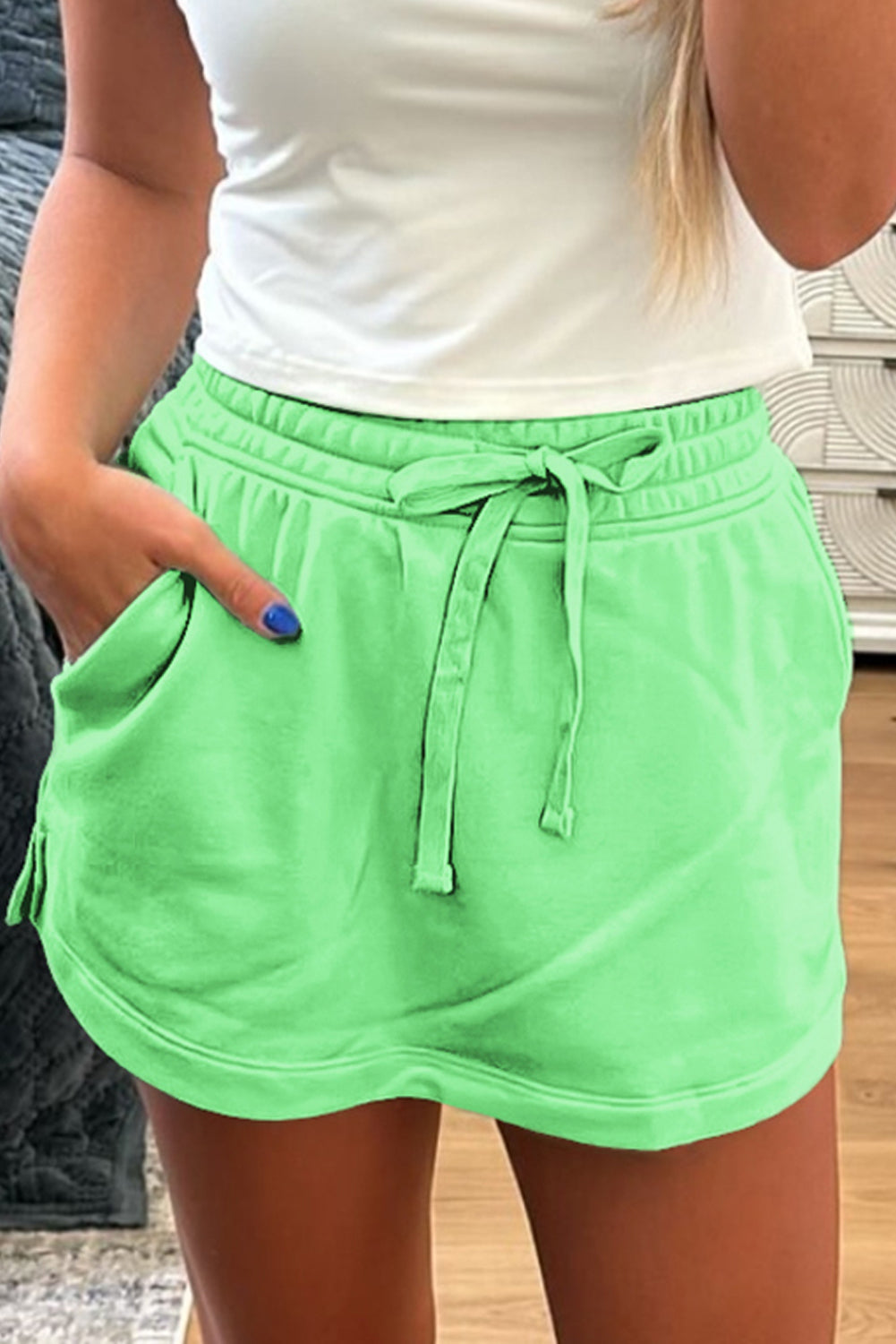 Light Green French Terry Drawstring Mini Skort with Pockets-Bottoms/Skirts & Petticoat-[Adult]-[Female]-Light Green-S-2022 Online Blue Zone Planet