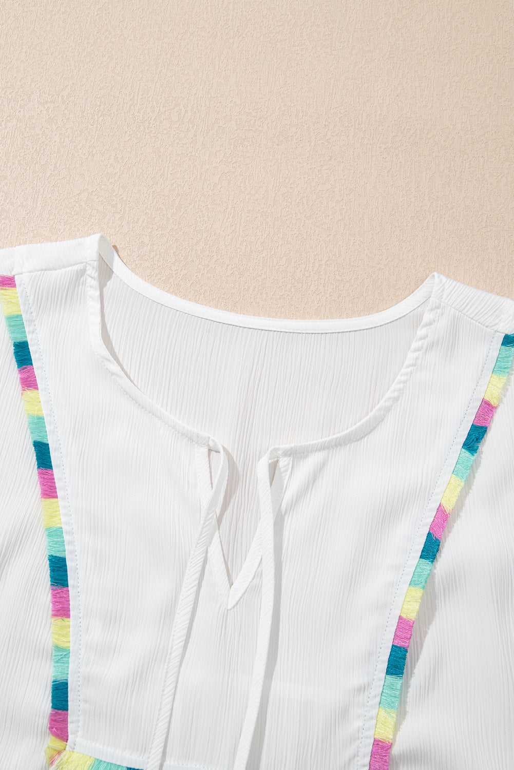 White Colorful Fringed Detail Tassel Tie Neck Short Sleeve Blouse-Tops/Blouses & Shirts-[Adult]-[Female]-2022 Online Blue Zone Planet
