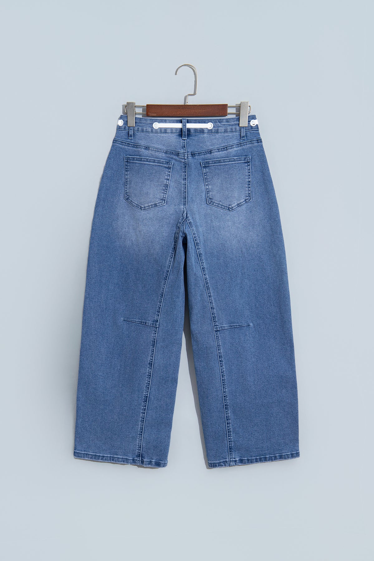 Beau Blue Solid Patchwork Grommet Tie Waist Loose Ankle-Length Jeans-Bottoms/Jeans-[Adult]-[Female]-2022 Online Blue Zone Planet