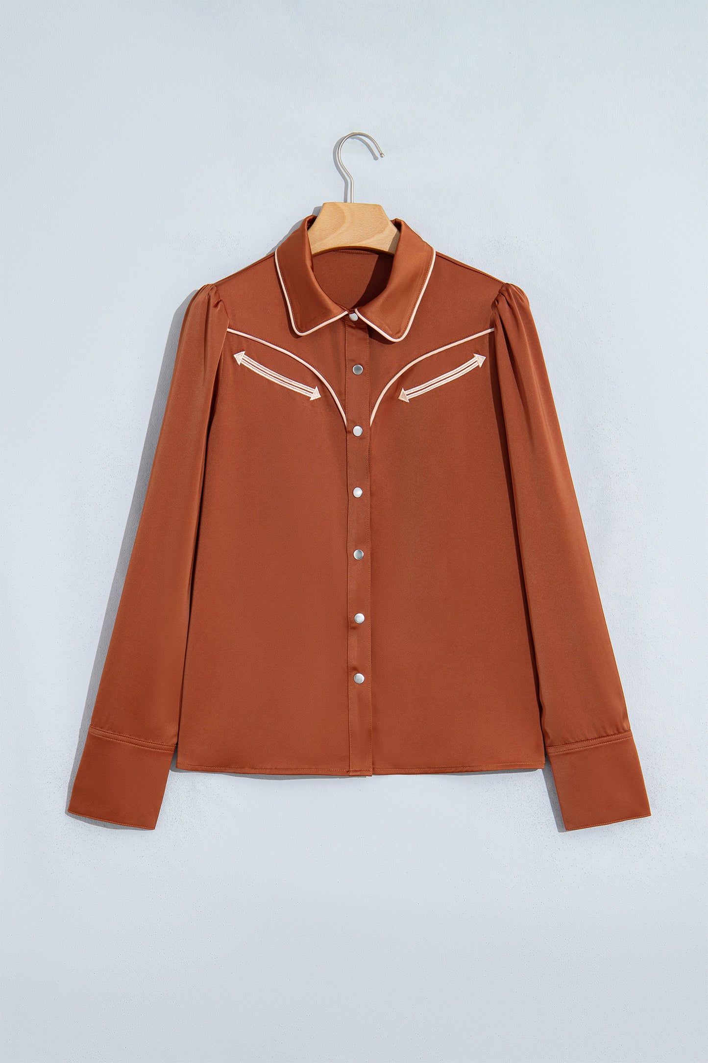 Cinnamon Silky Long Sleeve Button Front Western Fashion Shirt-Tops/Blouses & Shirts-[Adult]-[Female]-2022 Online Blue Zone Planet