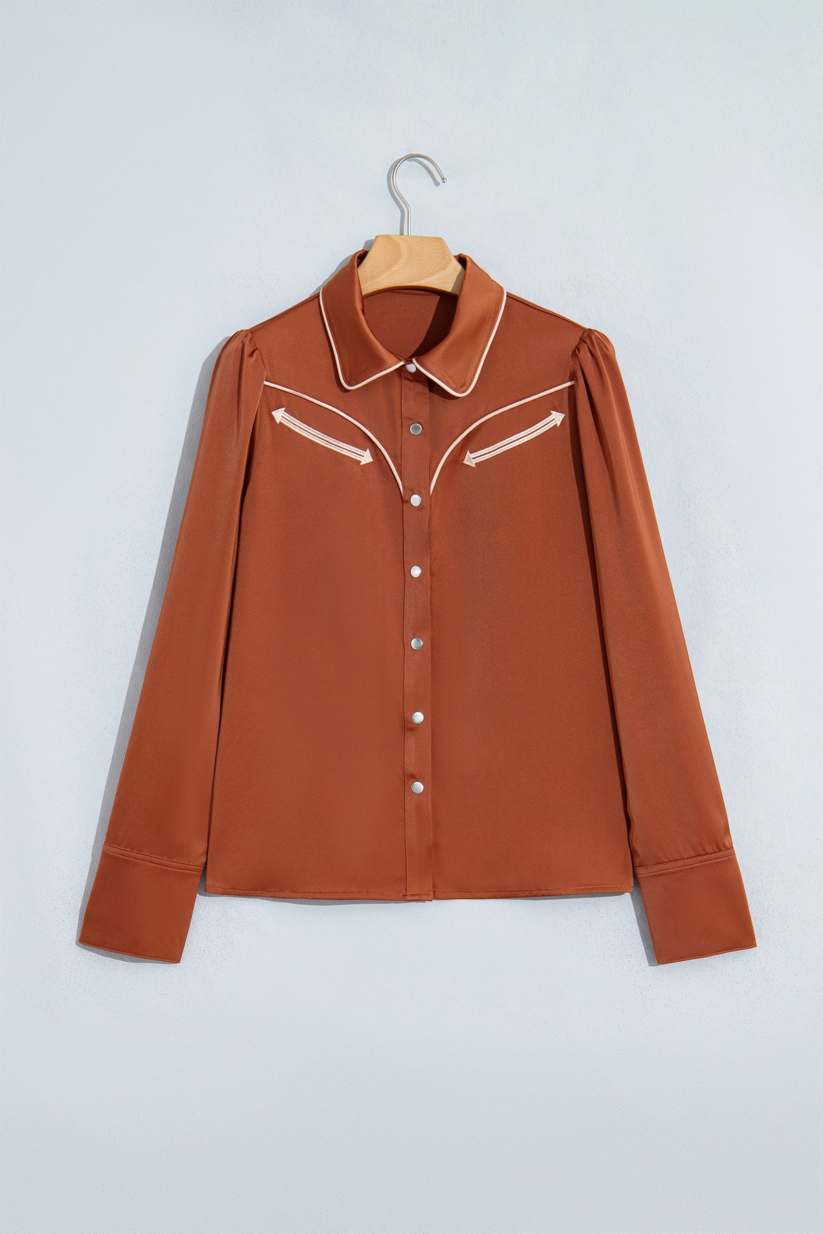 Cinnamon Silky Long Sleeve Button Front Western Fashion Shirt-Tops/Blouses & Shirts-[Adult]-[Female]-2022 Online Blue Zone Planet
