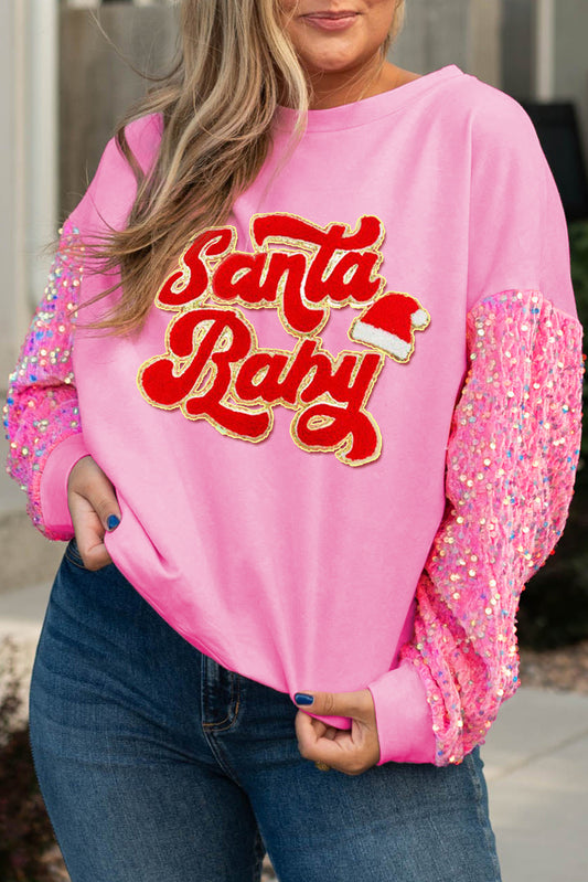 Pink Santa Baby Patched Graphic Sequin Sleeve Plus Size Sweatshirt-Graphic Sweatshirts-[Adult]-[Female]-Pink-1X-2022 Online Blue Zone Planet