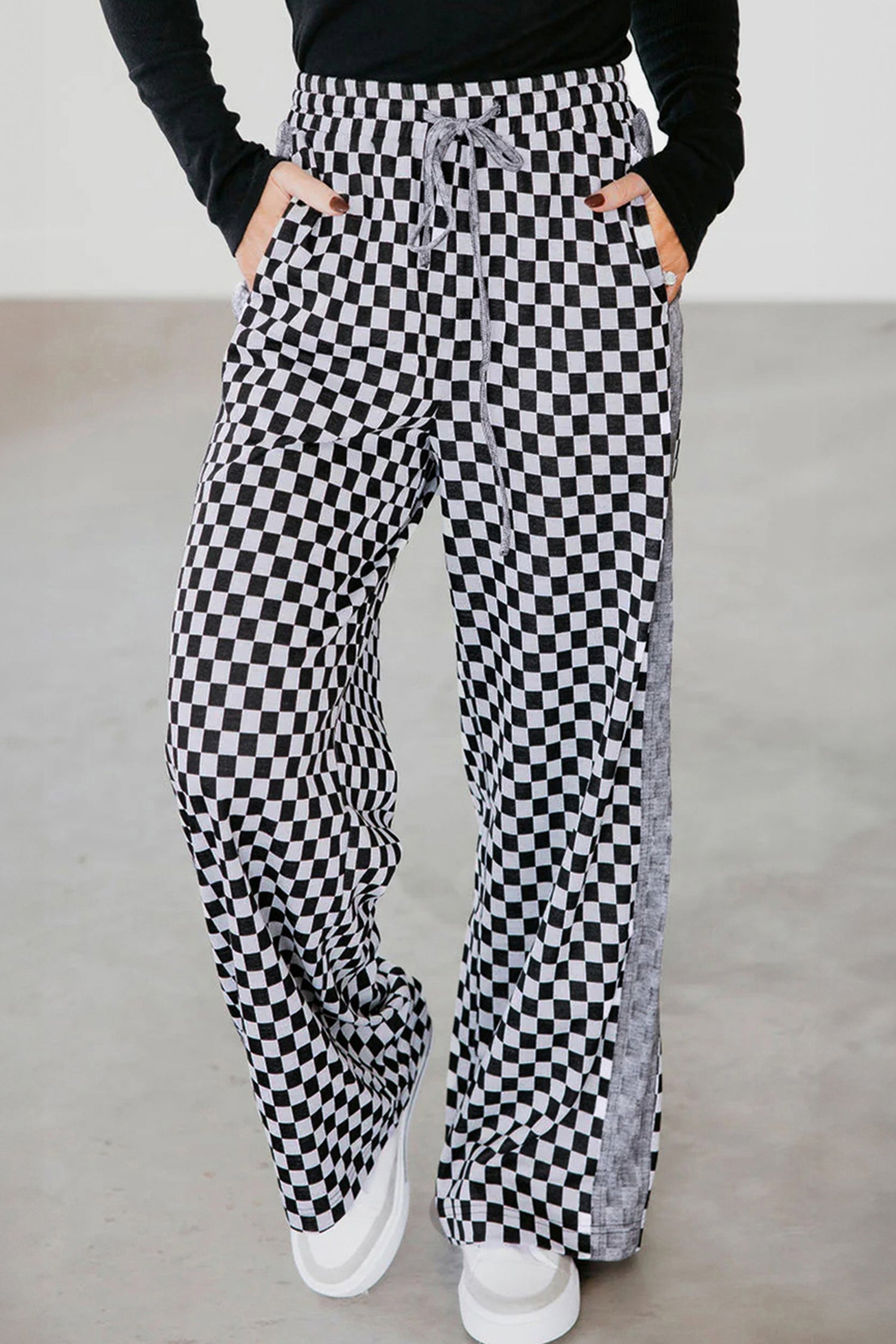 White Checkerboard Drawstring Waist Casual Pants-Bottoms/Pants & Culotte-[Adult]-[Female]-2022 Online Blue Zone Planet
