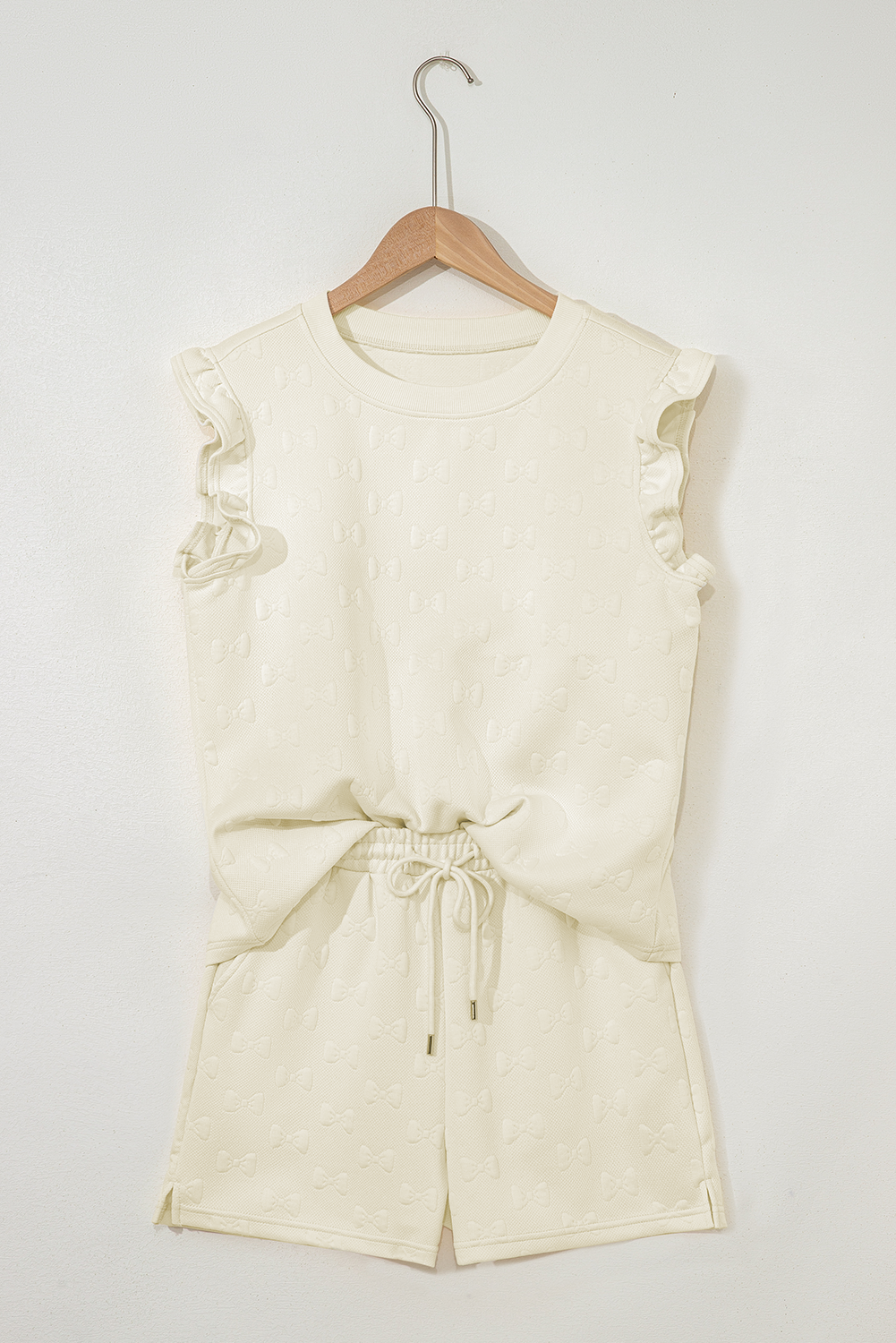 White Bow Jacquard Ruffle Sleeve Short 2pcs Outfit-Two Piece Sets/Short Sets-[Adult]-[Female]-2022 Online Blue Zone Planet