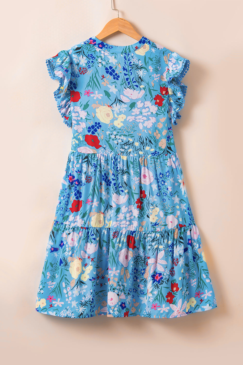 Sky Blue Floral Flutter Sleeve V Neck Ruffled Dress Blue Zone Planet