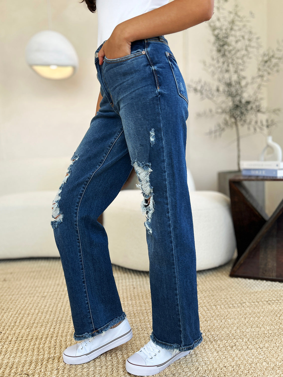 Blue Zone Planet | Judy Blue Full Size Mid Rise Distressed Raw Hem Jeans-TOPS / DRESSES-[Adult]-[Female]-2022 Online Blue Zone Planet