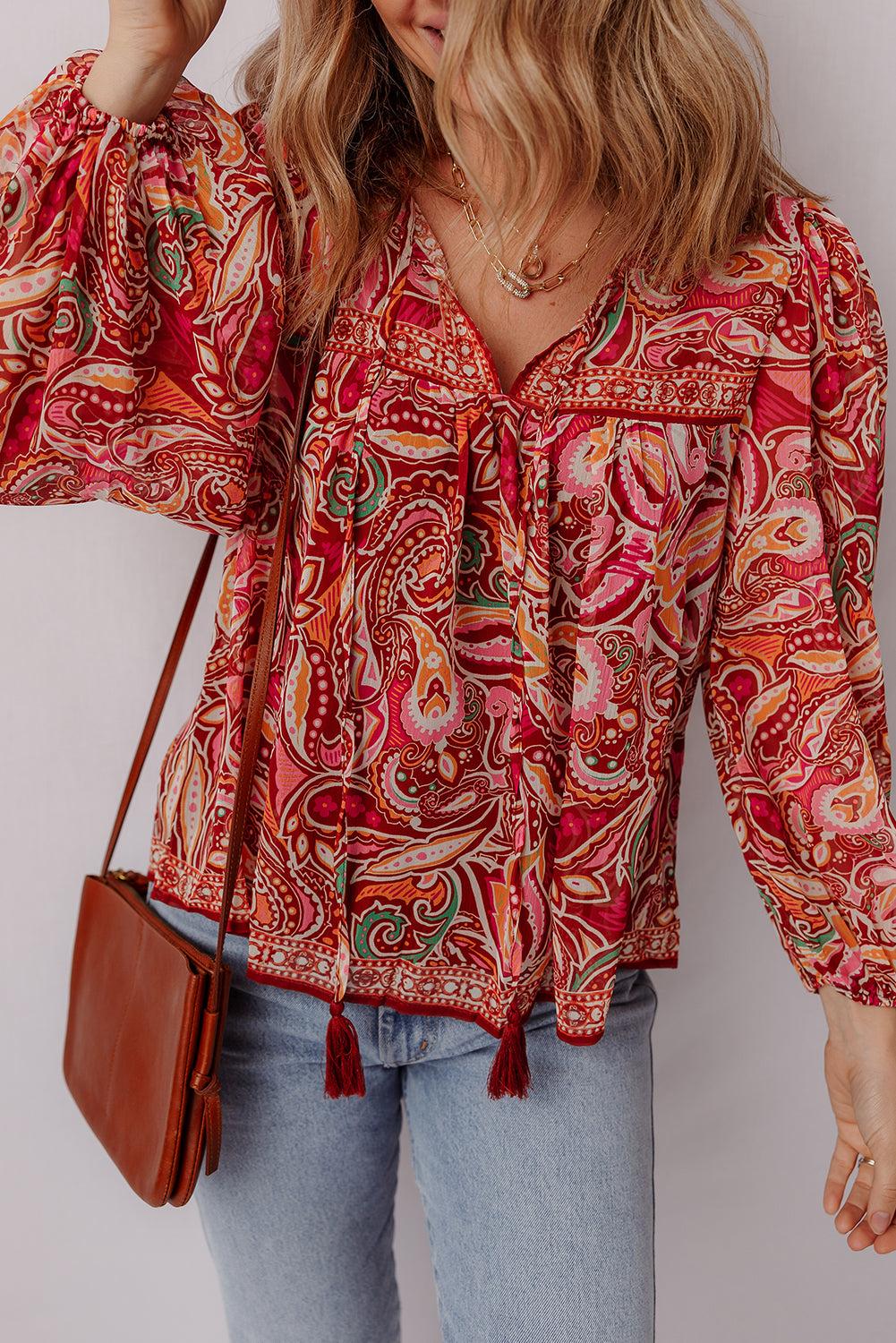Multicolour Ethnic Paisley Print Tassel Tie Puff Sleeve Boho Blouse-Tops/Blouses & Shirts-[Adult]-[Female]-2022 Online Blue Zone Planet