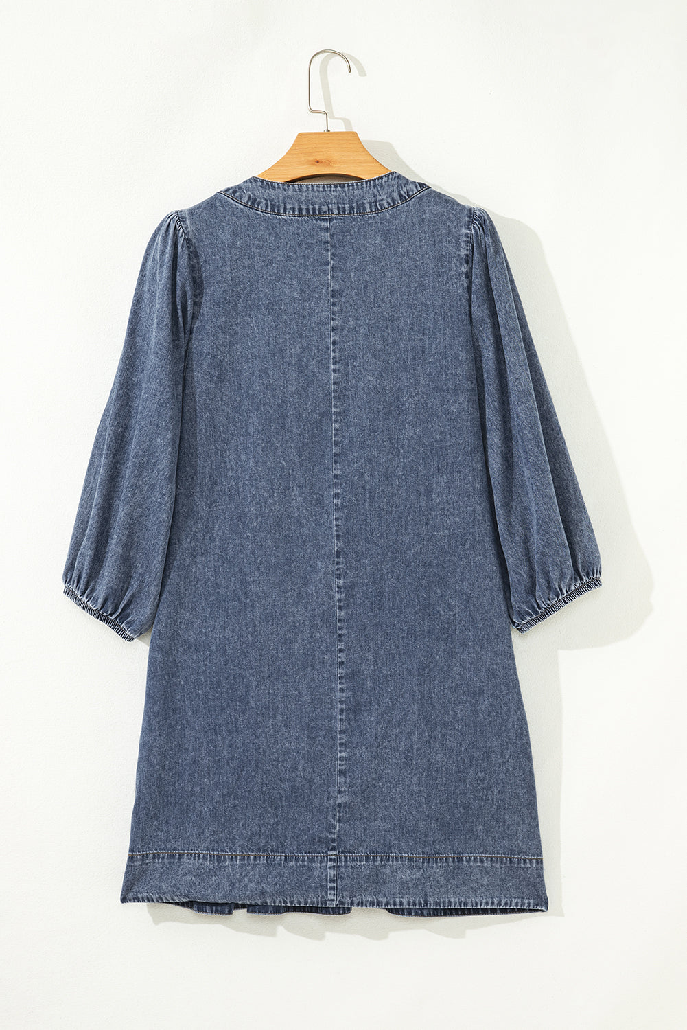 Sail Blue 3/4 Sleeve Tied V Neck Pleated Denim Mini Dress-TOPS / DRESSES-[Adult]-[Female]-2022 Online Blue Zone Planet