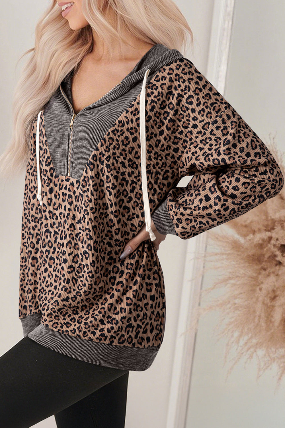 Khaki Ribbed Leopard Print Contrast Collar Zip Hooded Pullover Sweatshirt-Tops / Dresses-[Adult]-[Female]-2022 Online Blue Zone Planet