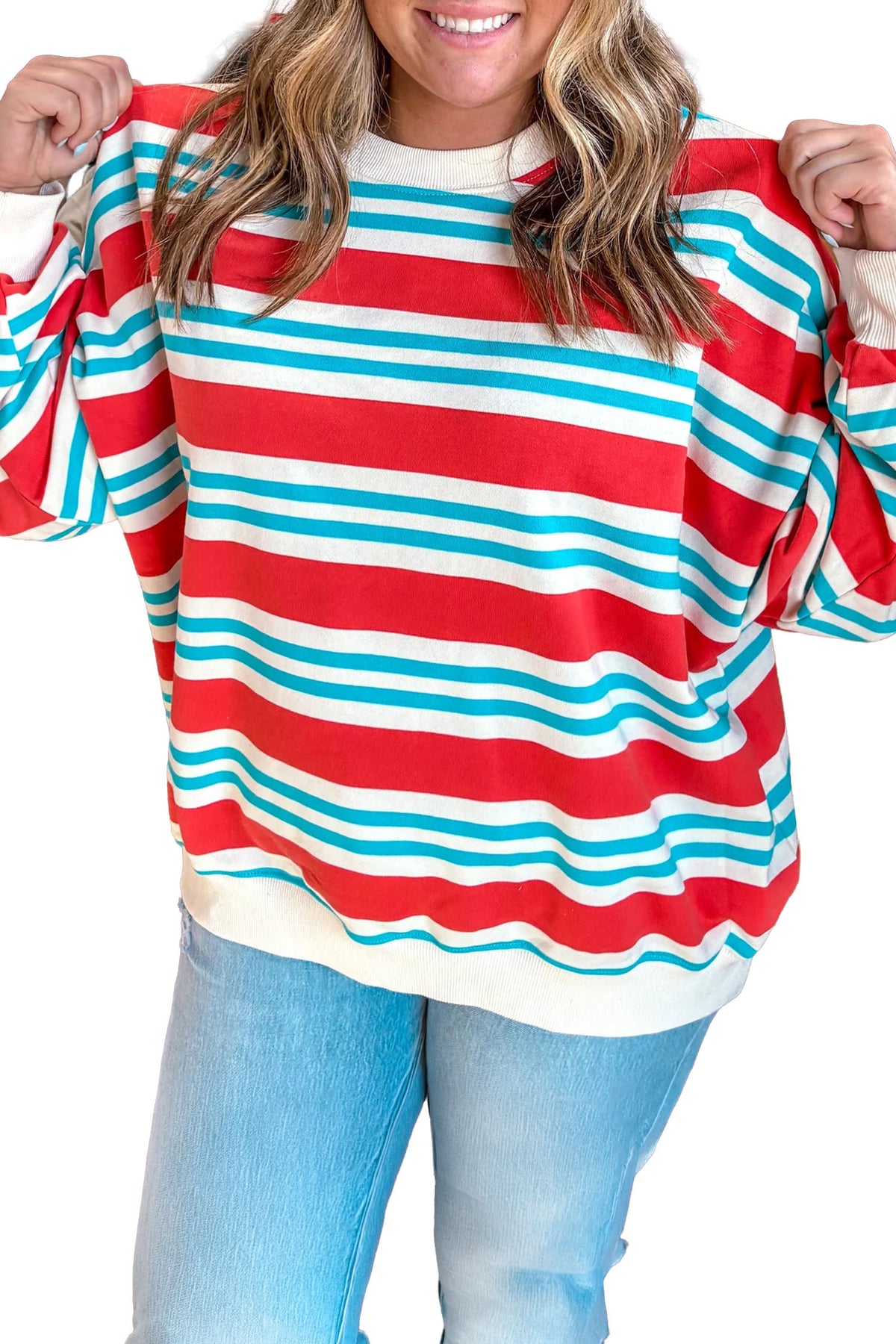 Red Stripe Striped Colorblock Long Sleeve Round Neck Tunic Plus Size Sweatshirt-Plus Size/Plus Size Sweatshirts & Hoodies-[Adult]-[Female]-2022 Online Blue Zone Planet