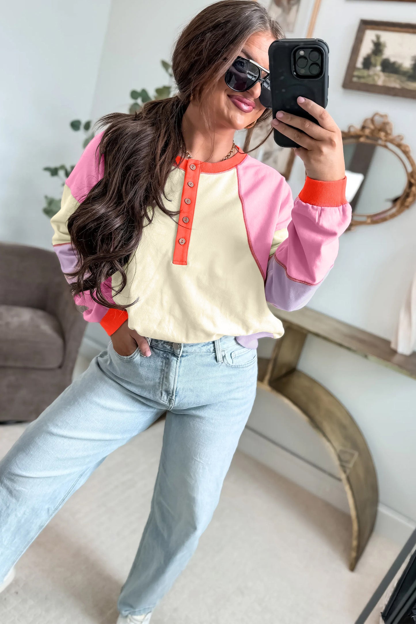 Multicolour Exposed Seam Colorblock Patchwork Pullover Long Sleeve Top-Tops/Long Sleeve Tops-[Adult]-[Female]-2022 Online Blue Zone Planet