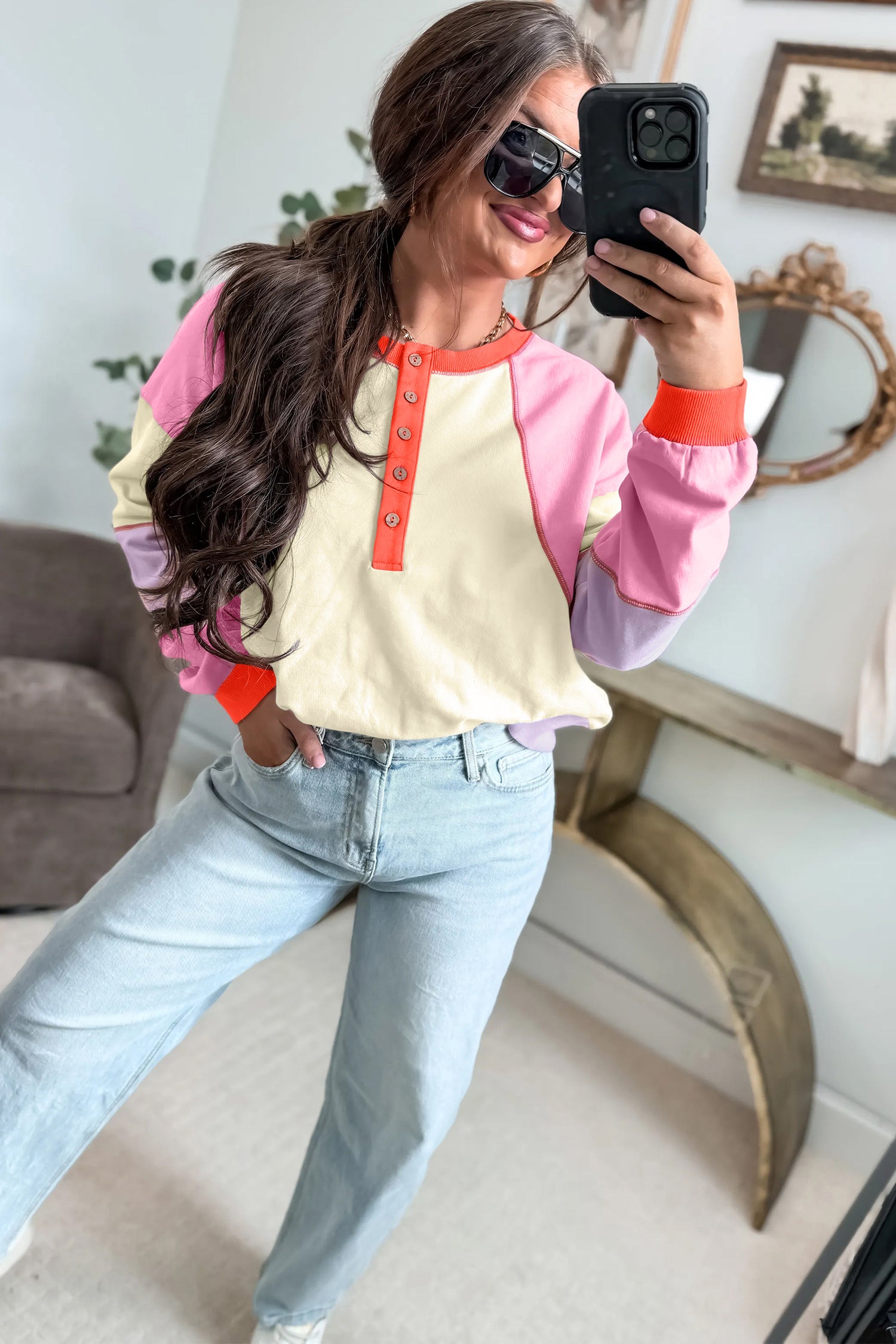 Multicolour Exposed Seam Colorblock Patchwork Pullover Long Sleeve Top-Tops/Long Sleeve Tops-[Adult]-[Female]-2022 Online Blue Zone Planet